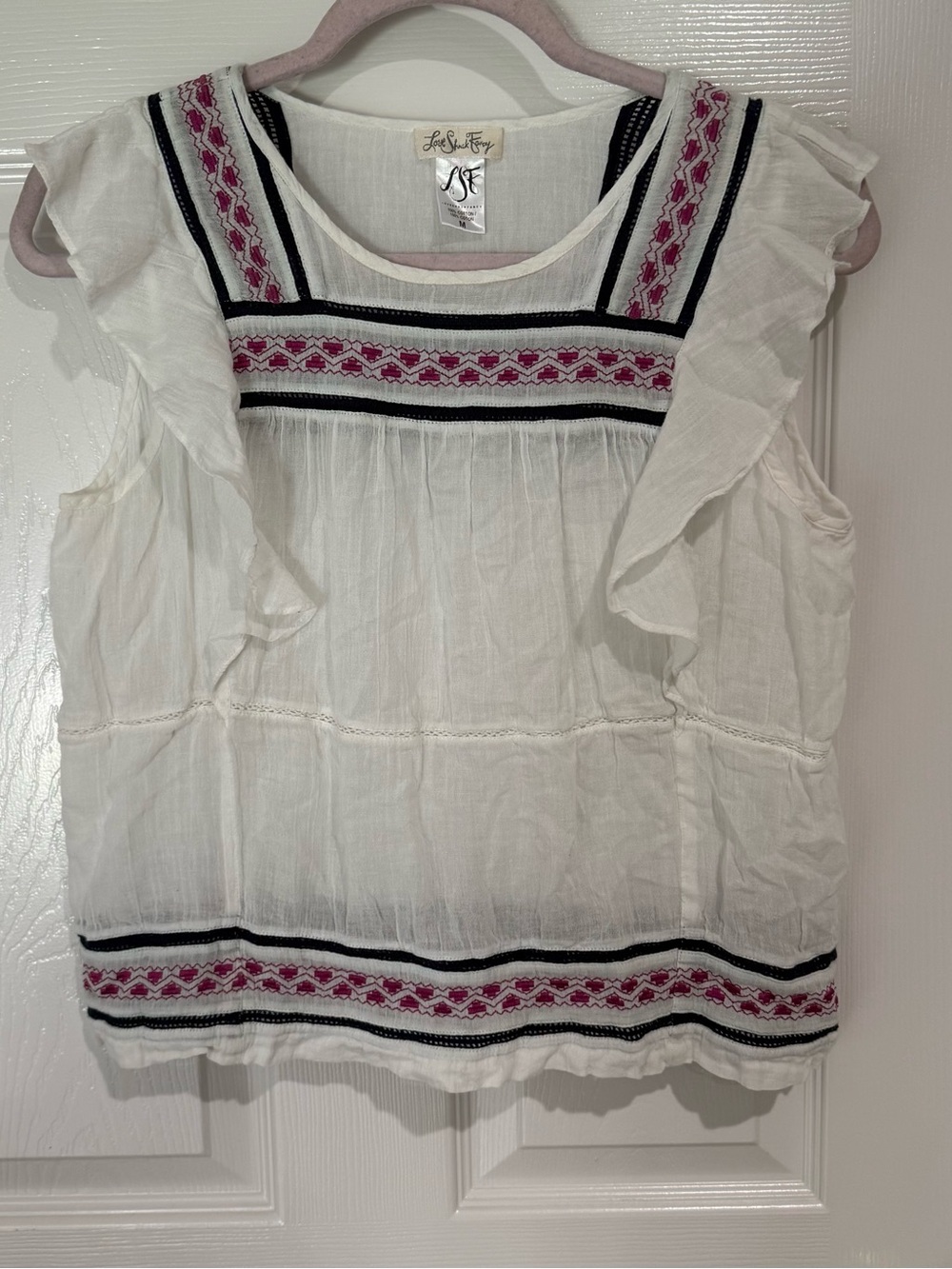 LoveShackFancy White Cotton Embroidered Ruffle Camisole with Pink & Black Trim